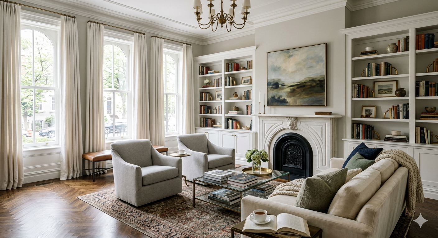 Formal living room with marble fireplace and herringbone hardwood floors in Washington DC luxury home