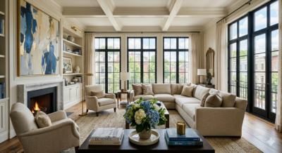 Sunlit luxury living room in a Washington DC home staged with neutral furniture, fresh flowers, and warm hardwood floors to attract high-end buyers.