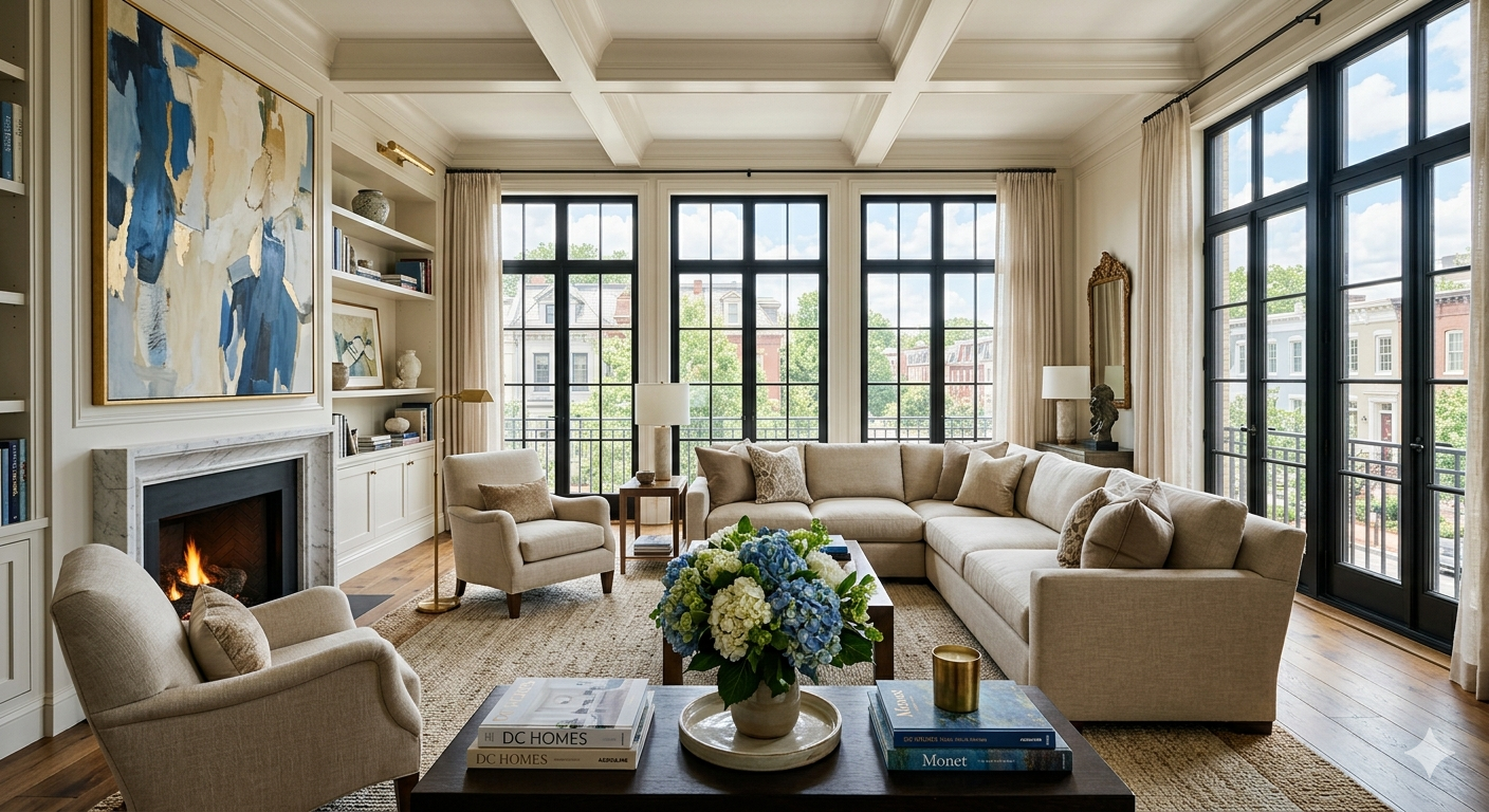 Sunlit luxury living room in a Washington DC home staged with neutral furniture, fresh flowers, and warm hardwood floors to attract high-end buyers.