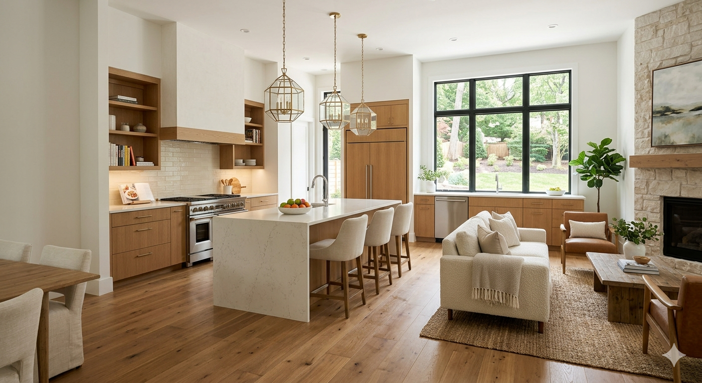 Bright open-concept kitchen and living area in a luxury move-up home representing the high-end residential real estate market in Bethesda Maryland and McLean Virginia in 2026