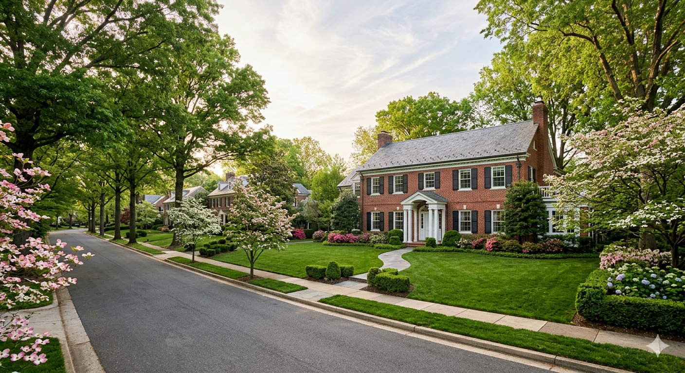 Tree-lined residential street with a stately brick colonial home in Bethesda Maryland luxury neighborhood