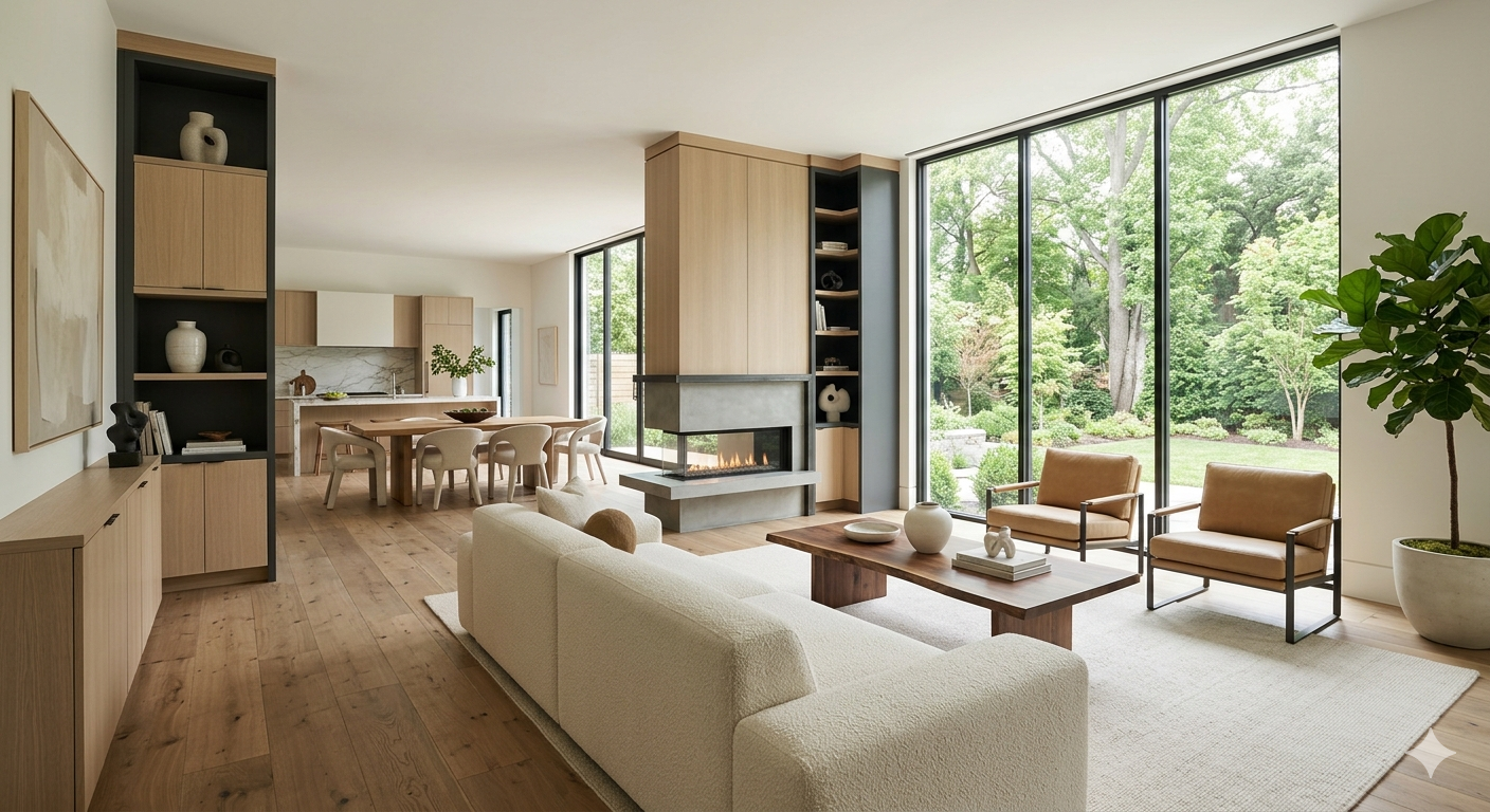Interior of a luxury newly constructed home in Washington DC with open-plan living, custom millwork, and wide-plank hardwood floors.