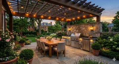 Elegant outdoor terrace with natural stone pavers, built-in outdoor kitchen, pergola with lighting, and mature plantings at a luxury home in the Washington DC metro area at evening