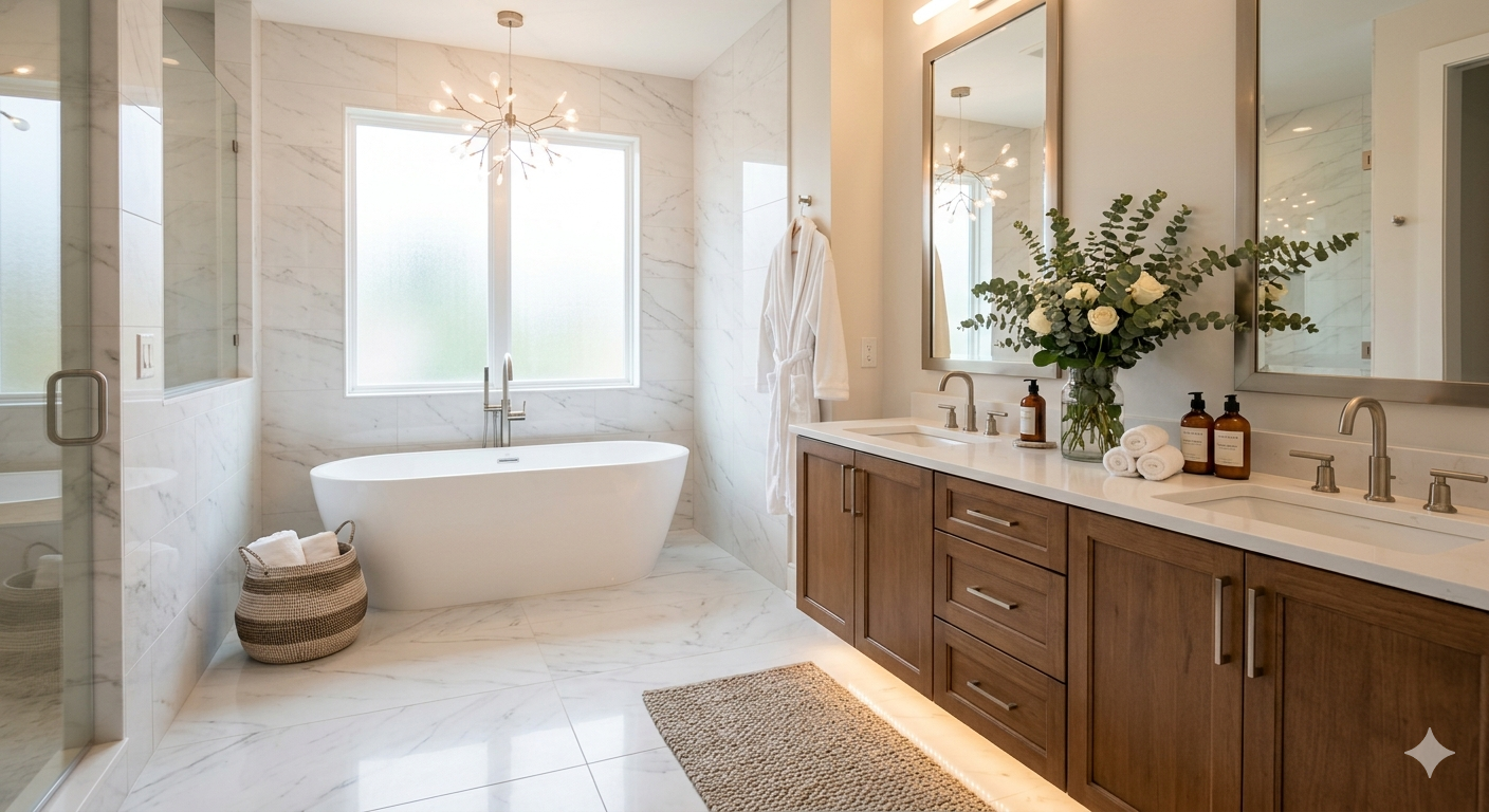 Luxury primary bathroom in a Washington DC home with marble tile, freestanding soaking tub, double vanity, and soft ambient lighting, reflecting what high-end buyers expect in an upscale property.