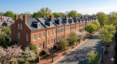 Federal-style brick rowhouses on a tree-lined Georgetown street in Washington, DC