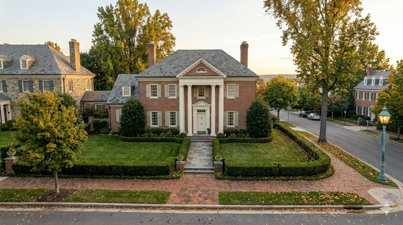 Brick colonial luxury single-family home on a tree-lined street in Northwest Washington DC