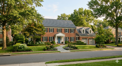 Classic single-family home in suburban Maryland or Virginia representing the marital home in a divorce real estate situation
