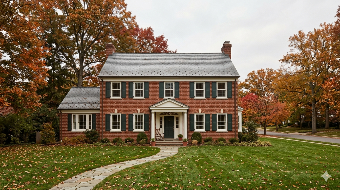 Classic colonial home exterior with autumn trees and manicured lawn in a Maryland or Virginia suburb