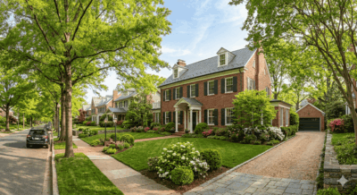 Classic tree-lined DC metro neighborhood street with Compass Real Estate yard sign representing Matt Cheney's top-performing real estate practice in Washington DC, Maryland, and Virginia