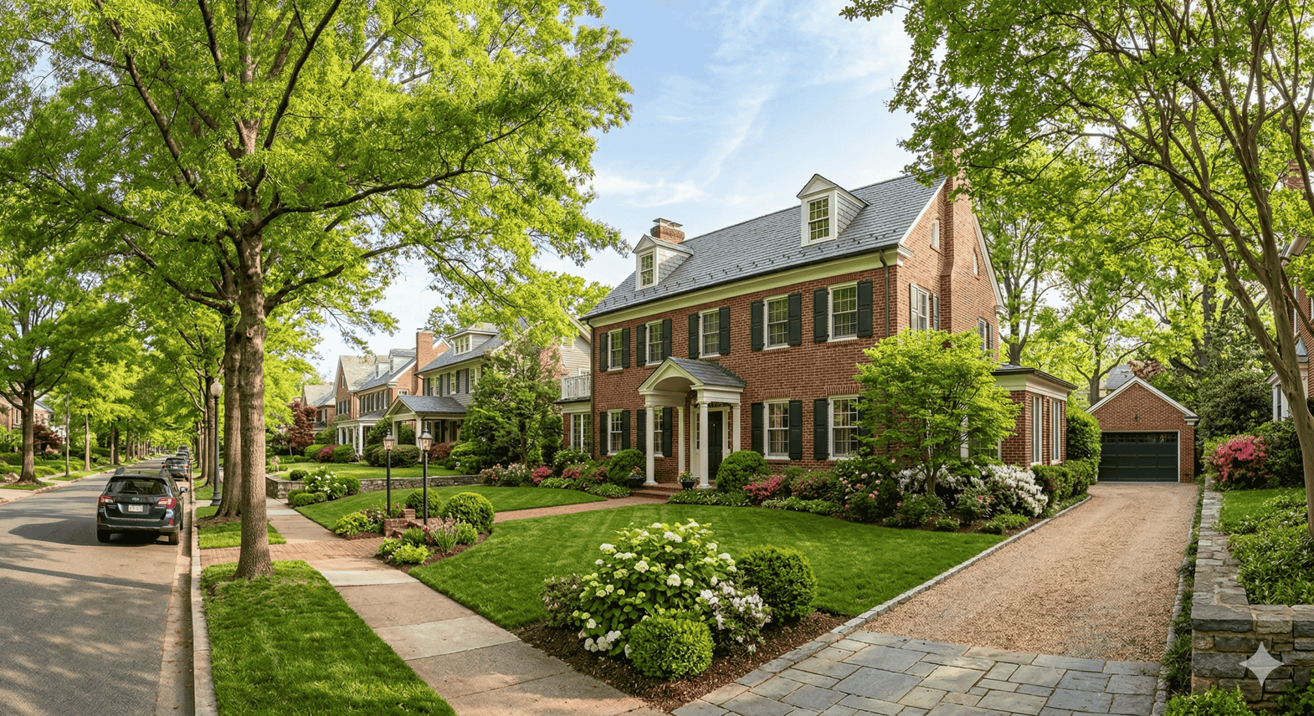 Classic tree-lined DC metro neighborhood street with Compass Real Estate yard sign representing Matt Cheney's top-performing real estate practice in Washington DC, Maryland, and Virginia