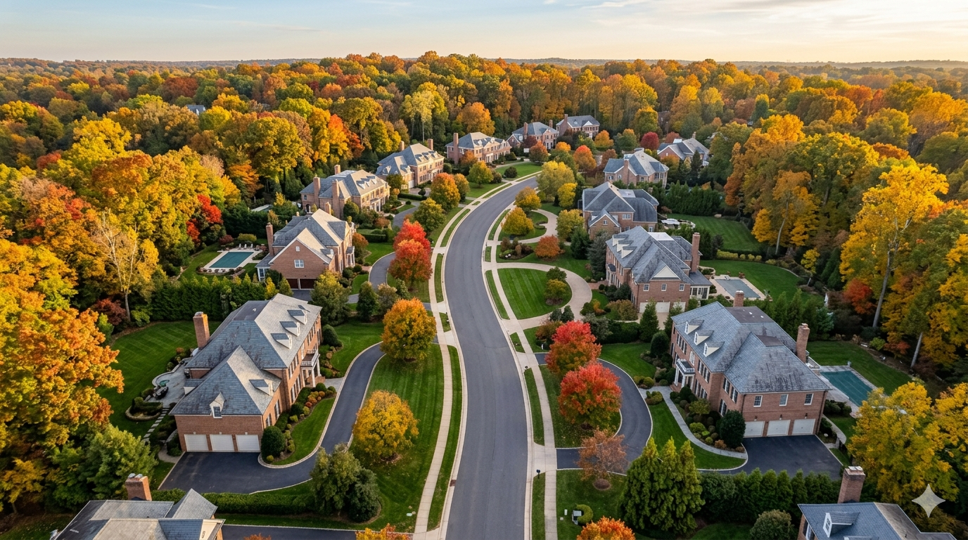 Aerial view of large luxury homes with manicured lawns along a tree-lined street in McLean, Virginia