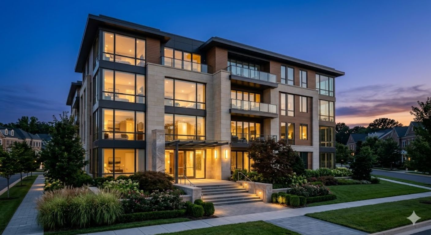Modern apartment building exterior in Arlington Virginia or Bethesda Maryland representing the strong DC metro rental market
