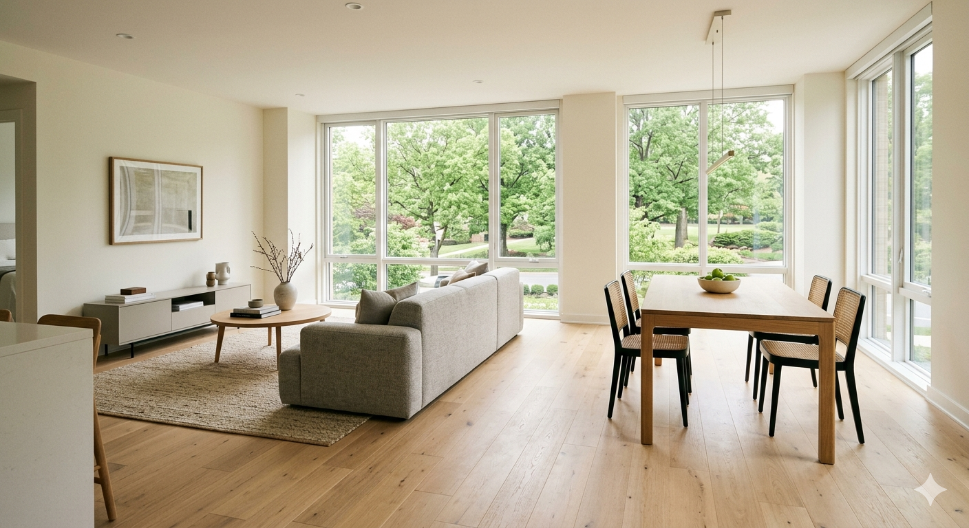 Bright open-concept living area with wood floors and large windows in a DC metro area condominium