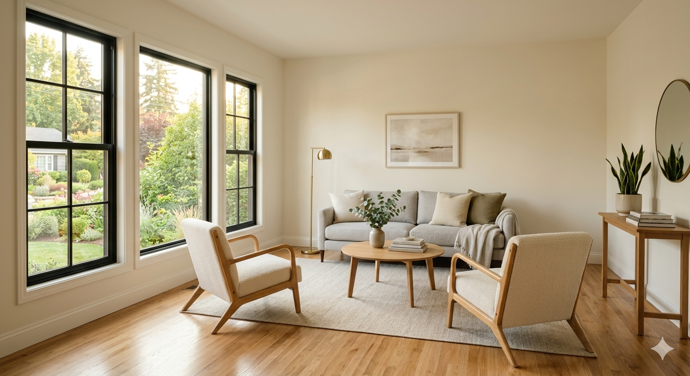 Bright clean living room with refinished hardwood floors and neutral paint in a DC metro area home ready for sale
