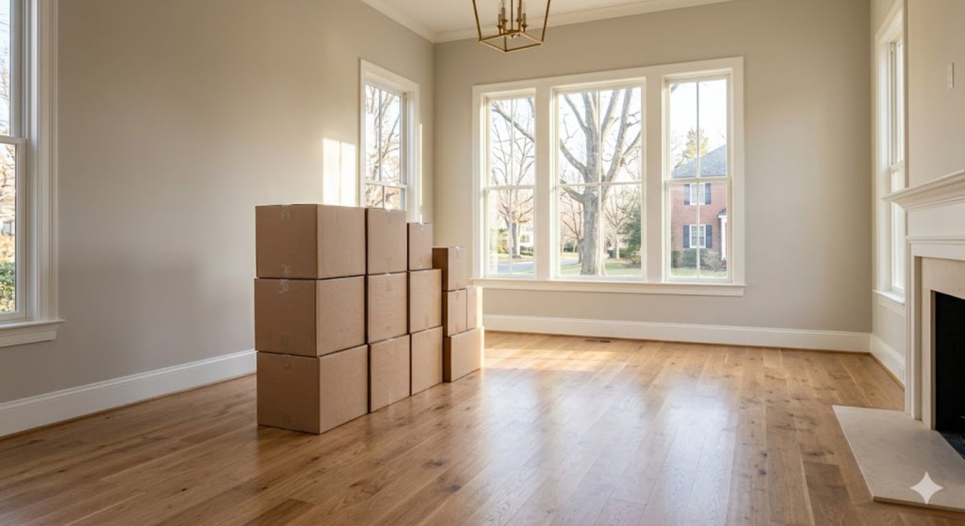 Moving boxes stacked in an empty bright living room during a home relocation in the DC area