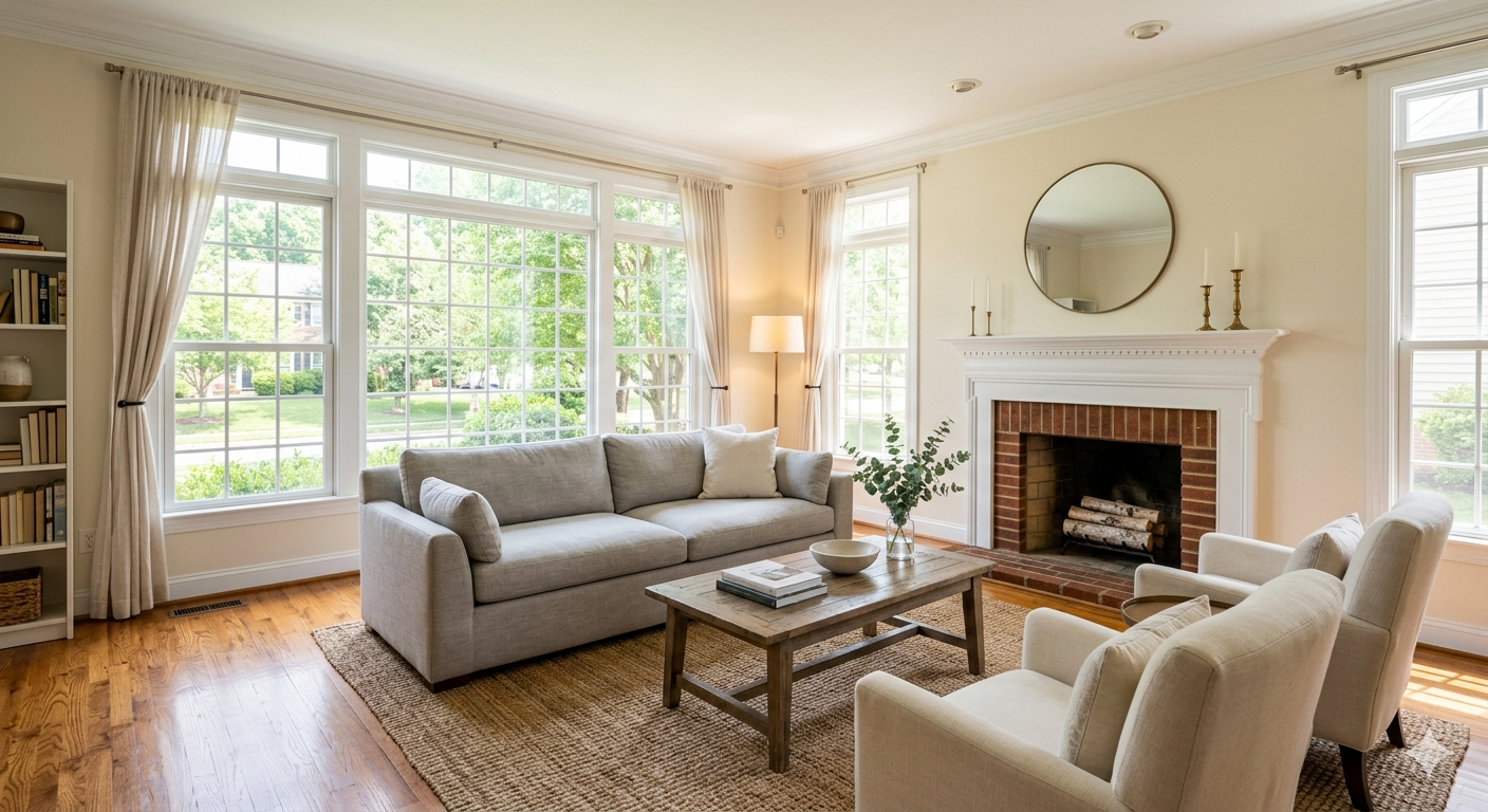 Bright living room with hardwood floors and fireplace in a move-in ready Northern Virginia home