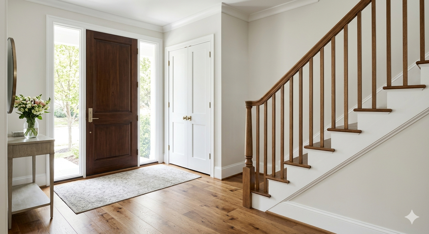 Bright entryway with hardwood floors and white panel doors in Northwest Washington DC home