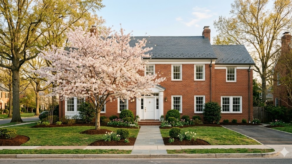 Brick Colonial home in Northwest Washington DC in spring with cherry blossoms and morning light