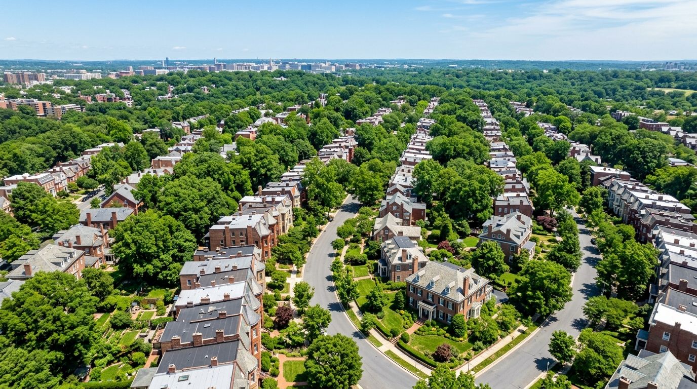 Aerial view of tree-lined residential street with brick homes in Northwest Washington DC