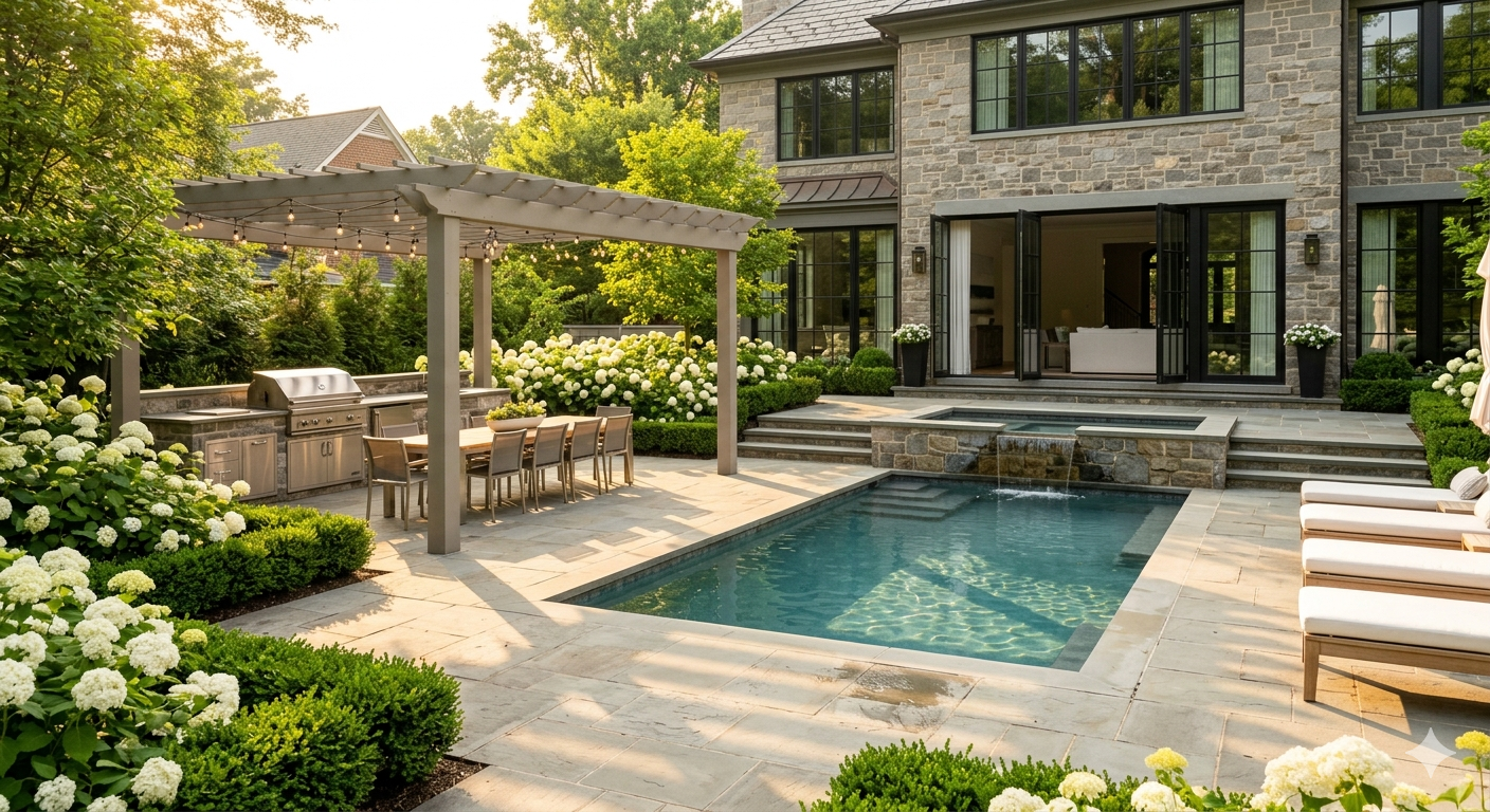 Expansive outdoor living area with bluestone patio, in-ground pool, pergola, and outdoor kitchen at a luxury home in Bethesda Maryland
