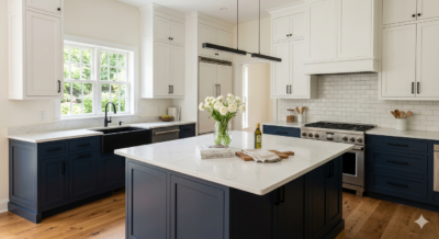 Freshly updated luxury kitchen in a Washington DC home with white and navy cabinets, quartz countertops, and matte black hardware, showing the kind of pre-sale interior upgrades that appeal to DC area buyers.