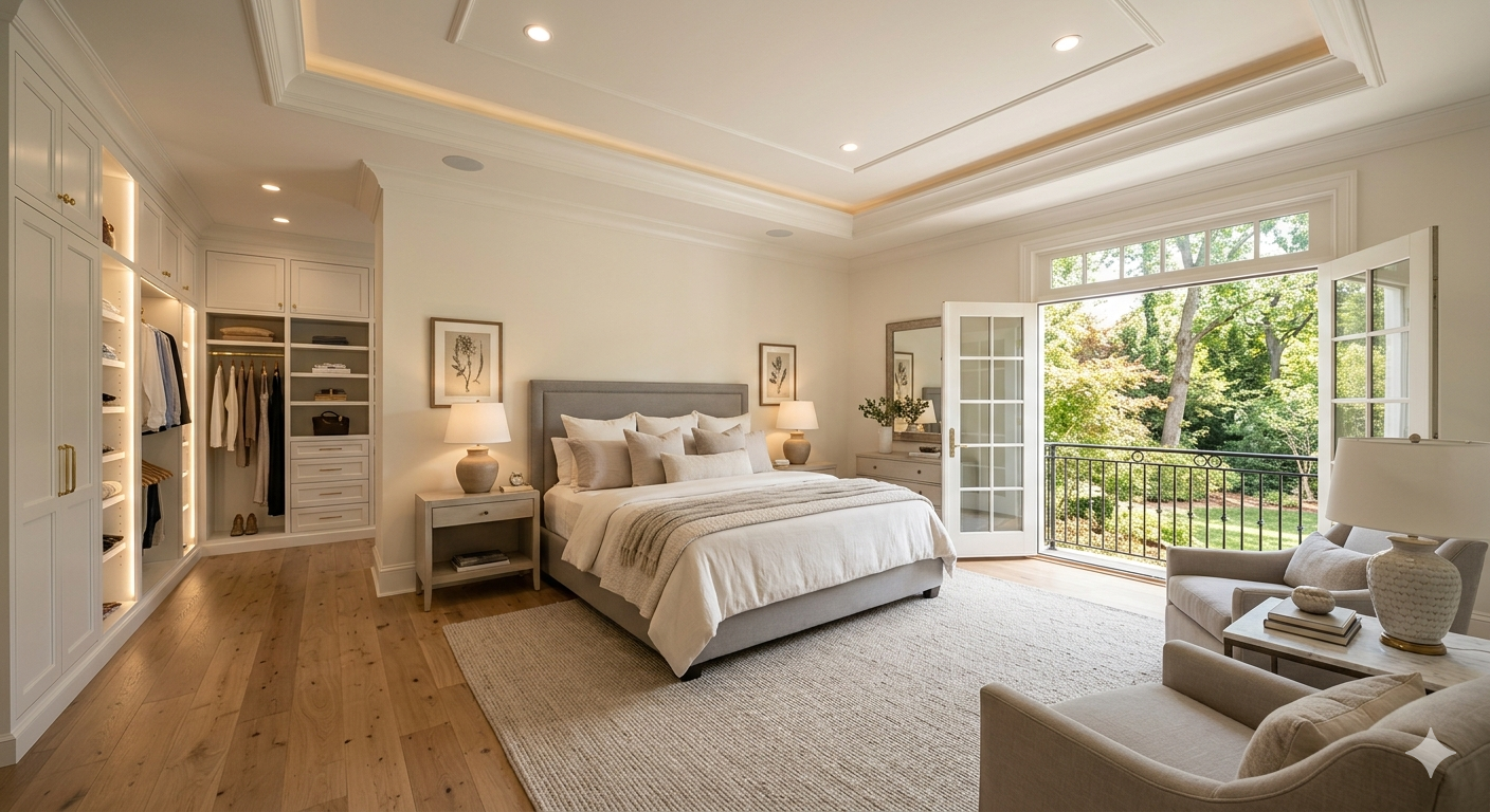 Spacious primary bedroom suite with tray ceiling, French doors, and custom built-in closets inside a luxury home in Bethesda Maryland