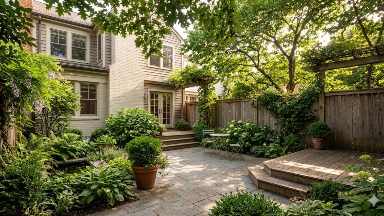 Private rear patio with mature trees and plantings behind a home in The Palisades DC