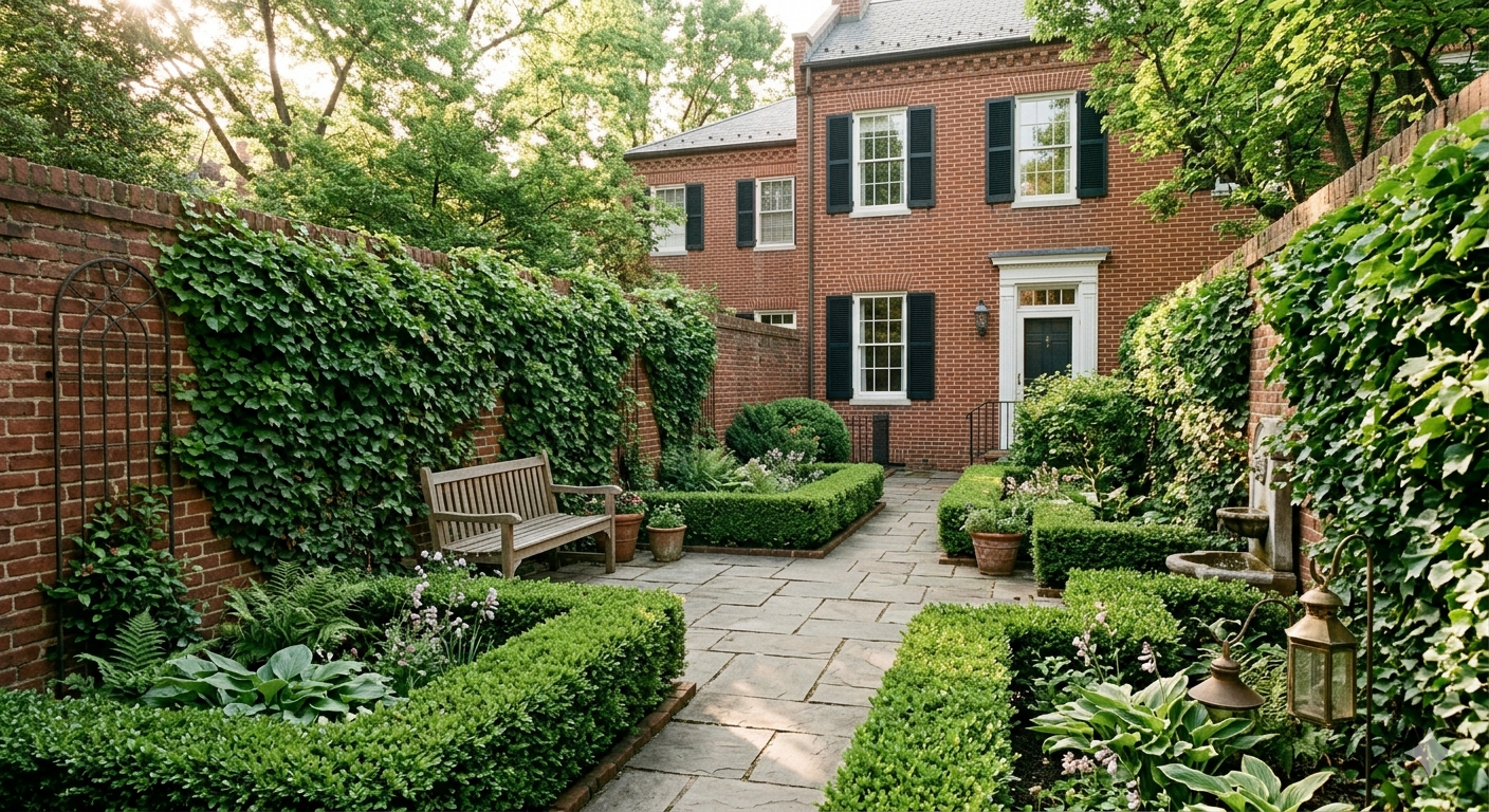 Private walled garden courtyard behind a luxury Georgetown DC townhouse with stone terrace