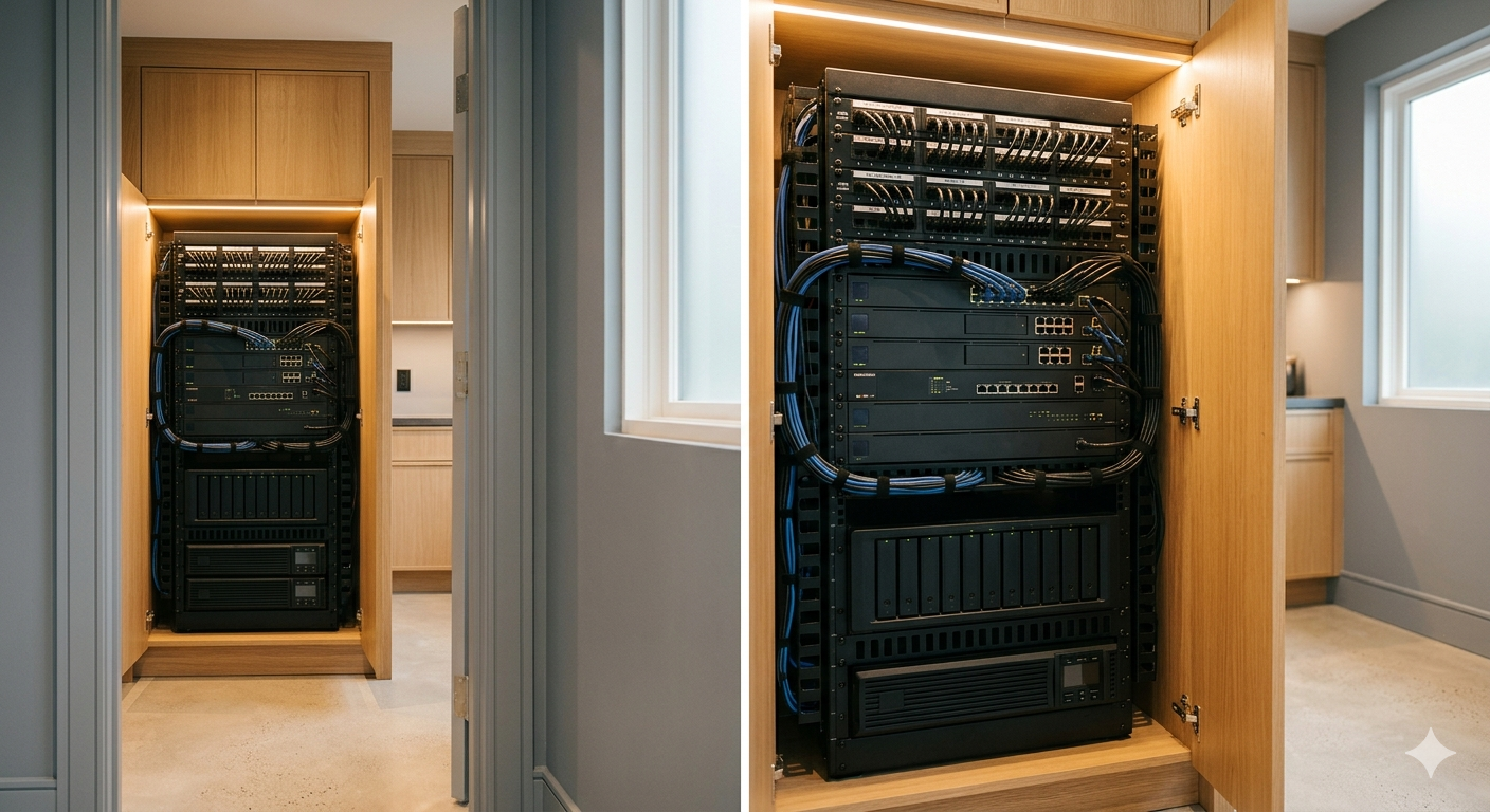 Neatly organized professional home networking equipment rack in a luxury DC metro area home representing enterprise-grade smart home infrastructure