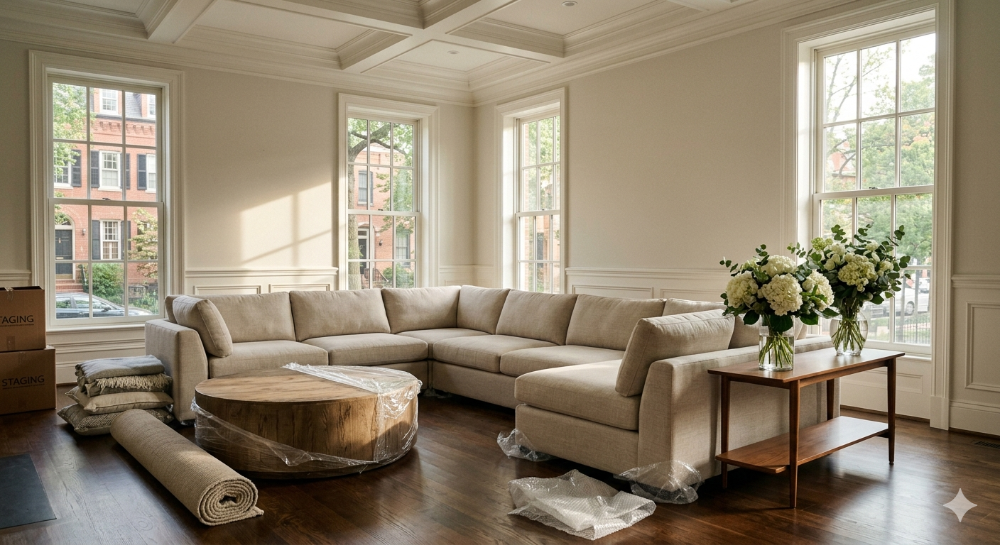 A vacant luxury living room in a Washington DC area home being professionally staged for sale, with rental furniture being arranged and fresh floral arrangements in place, illustrating the staging process for DC metro luxury listings.