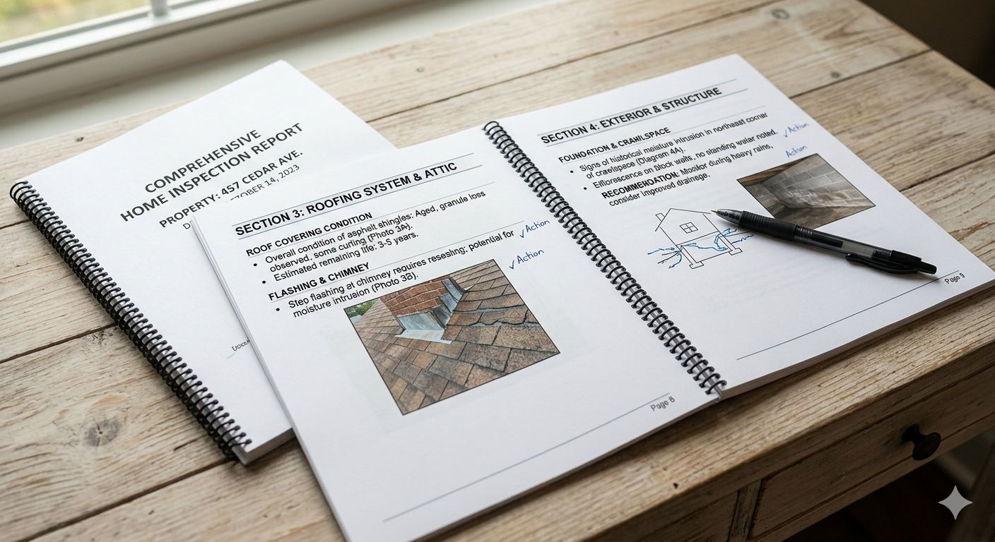 Open home inspection report with detailed findings and photographs of basement moisture history and aged HVAC system visible