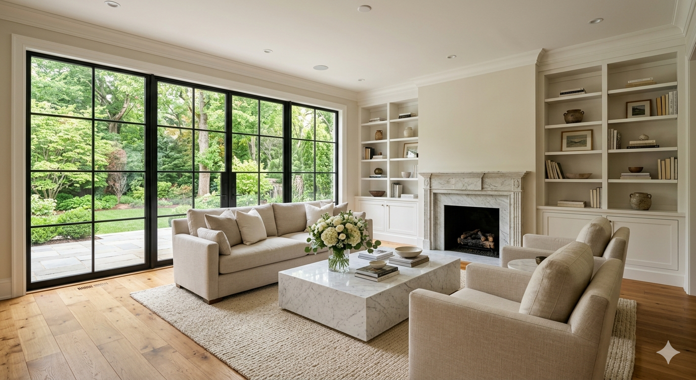 Bright professionally staged living room interior in a Bethesda Maryland luxury home with hardwood floors marble fireplace and large windows representing Matt Cheney listing preparation standards