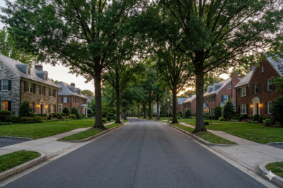 Quiet residential street in a DC metro area neighborhood during a slow real estate season with soft light and calm surroundings