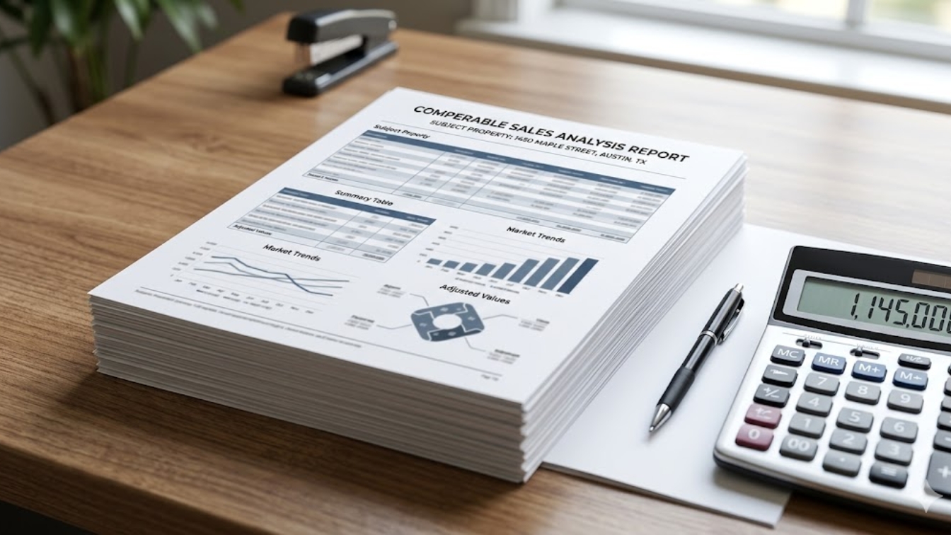Printed comparable sales analysis documents and calculator on a desk for DC area home appraisal
