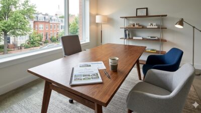 Professional desk with listing presentation documents and pen in a Washington DC real estate office