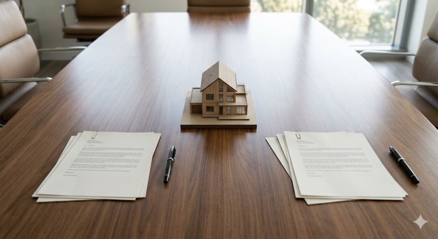 Polished conference table with real estate documents and a house model representing high-stakes negotiation in a DC metro home sale