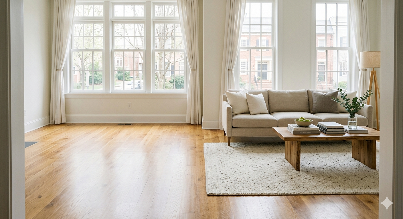 Freshly refinished warm hardwood floors in a light-filled Washington DC area living room staged for sale with neutral furniture and natural light, showing a high-return pre-sale upgrade for DC metro sellers.