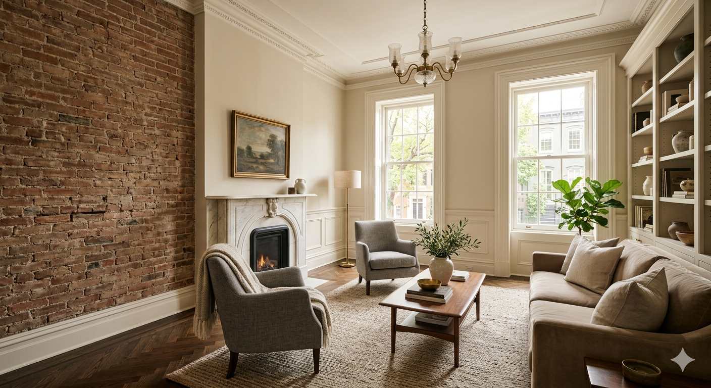 Elegant Georgetown DC townhouse living room with exposed brick wall, marble fireplace, herringbone floors, and tall crown molding