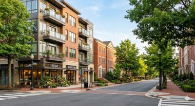 Mixed-use urban streetscape in Bethesda or Arlington showing apartment buildings and townhomes side by side in a thriving DC metro neighborhood