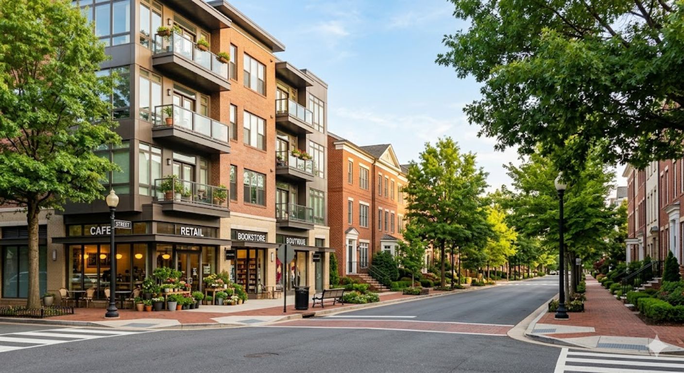 Mixed-use urban streetscape in Bethesda or Arlington showing apartment buildings and townhomes side by side in a thriving DC metro neighborhood