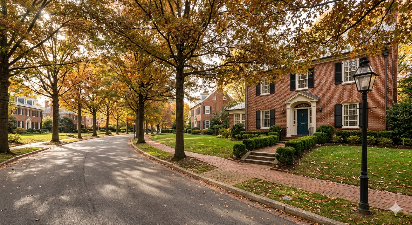 Quiet tree-lined residential street in Northwest Washington DC with a stately detached brick Colonial home boxwood hedges and autumn foliage representing Georgetown and Wesley Heights neighborhoods