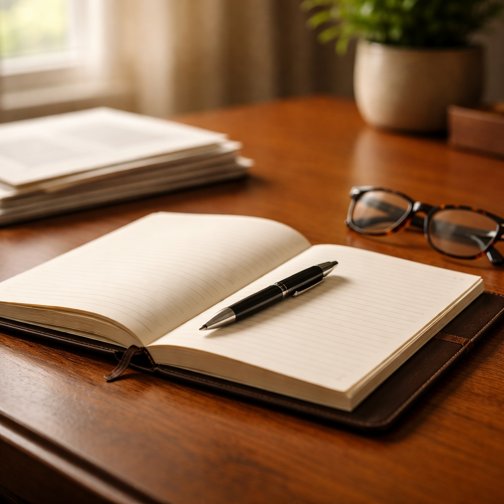 Clean wooden desk with notebook pen and documents in soft natural light representing financial planning for a divorce home sale in the DC metro area