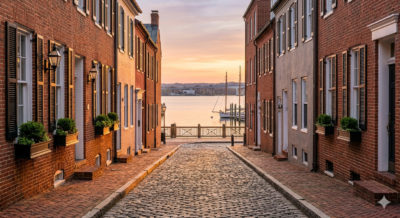 Historic brick rowhouses and townhouses lining cobblestone streets in Old Town Alexandria with waterfront boardwalk and Potomac River in background