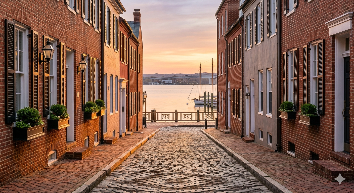 Historic brick rowhouses and townhouses lining cobblestone streets in Old Town Alexandria with waterfront boardwalk and Potomac River in background