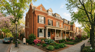 Classic brick rowhouse on a tree-lined street in Woodley Park Washington DC representing the 2026 seller market for homeowners considering listing their home