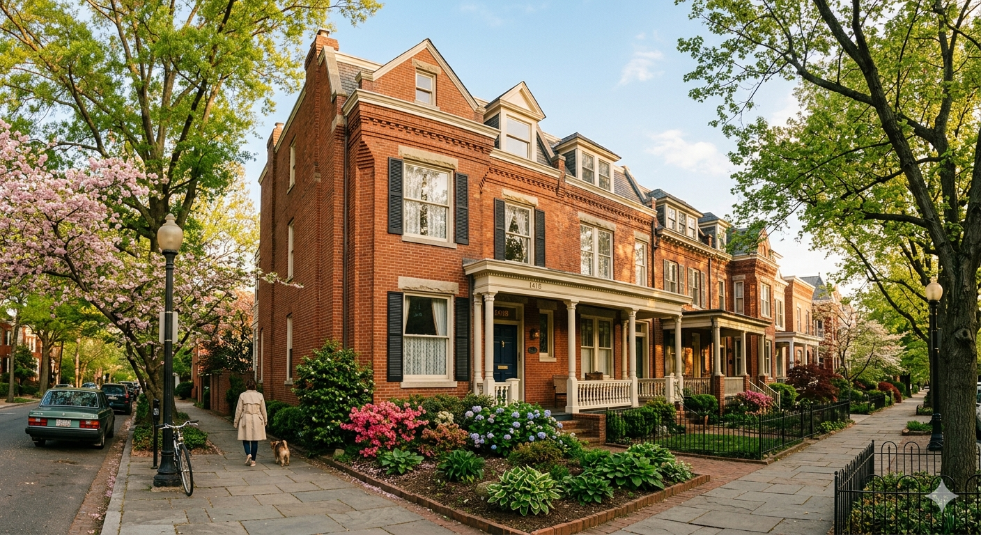 Classic brick rowhouse on a tree-lined street in Woodley Park Washington DC representing the 2026 seller market for homeowners considering listing their home