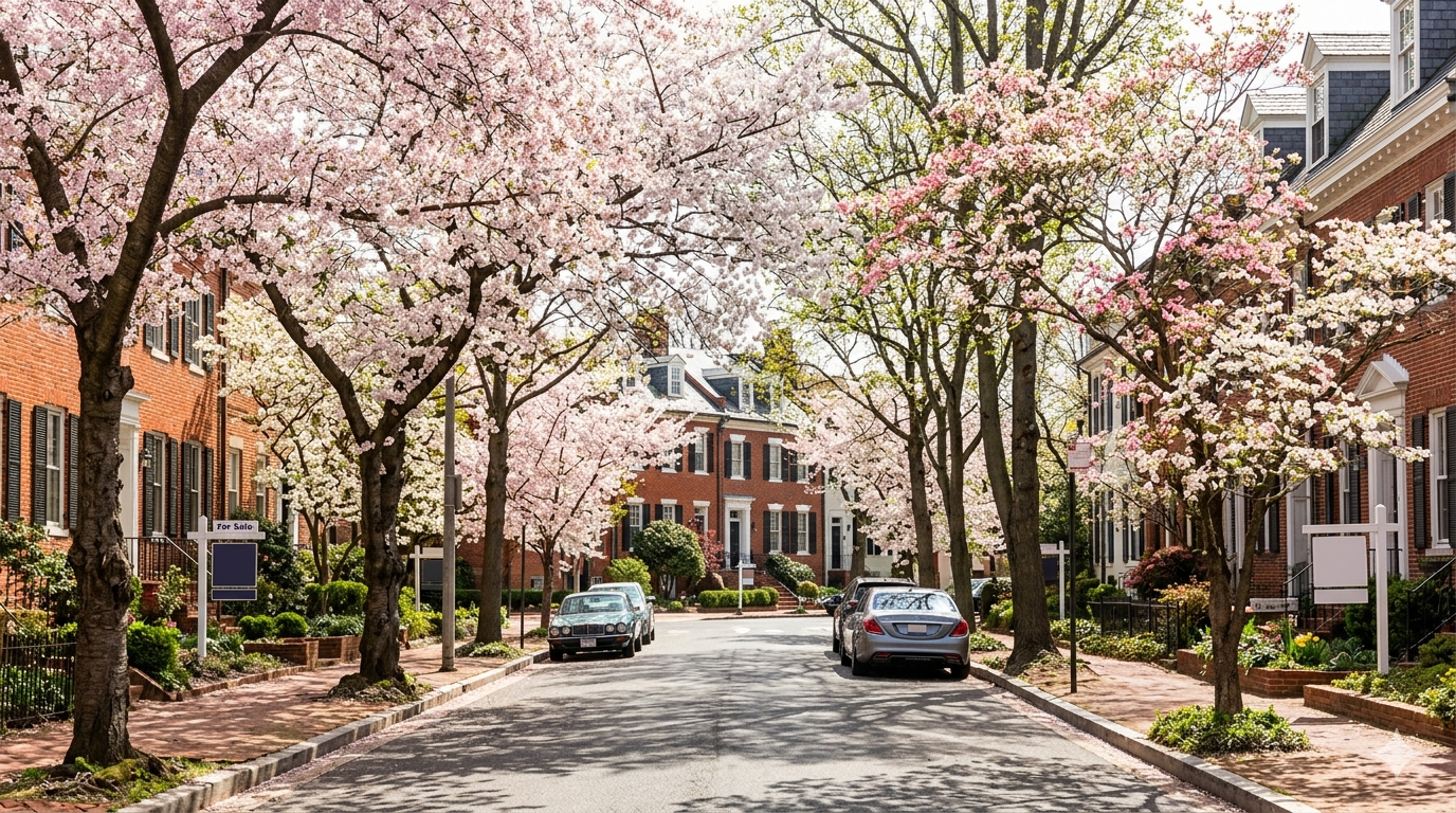 Tree-lined residential street with spring blooms in Northwest Washington DC representing the spring real estate market
