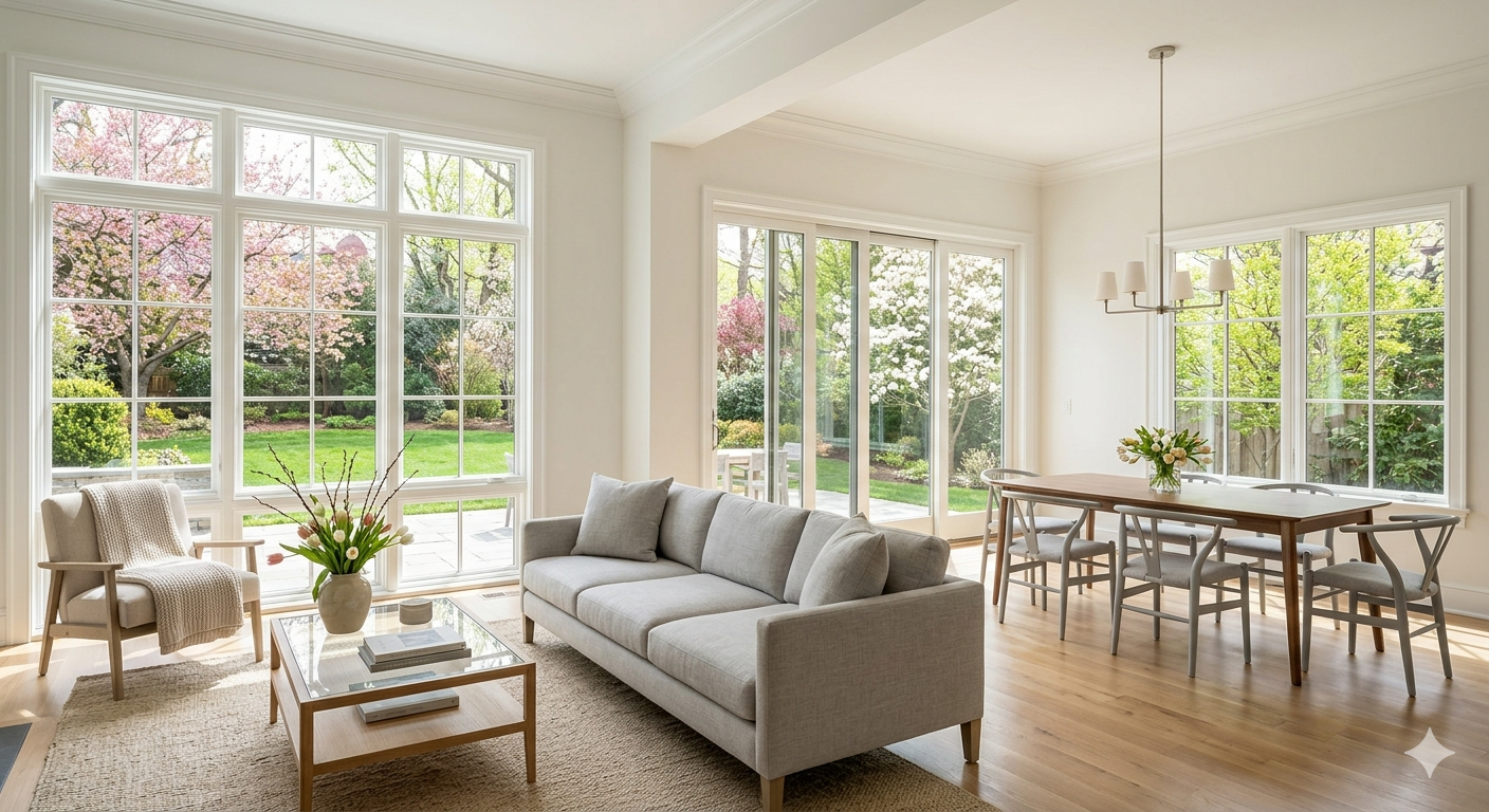 Bright open living space in a DC metro area home with spring natural light through large windows