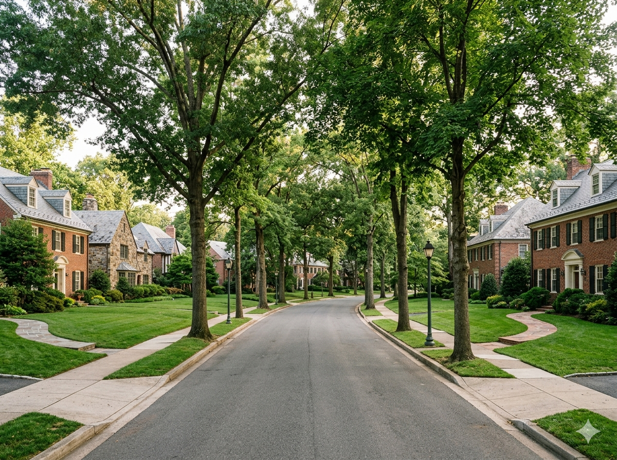 Wide quiet residential street lined with mature trees and large brick homes in Spring Valley Washington DC