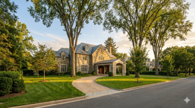 Grand stone home with sweeping front lawn and tall elm trees in Spring Valley, Washington DC